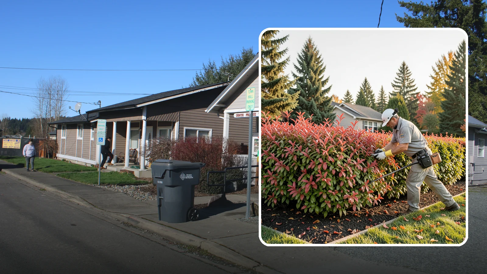 Photinia Trimming in South Prairie, Pierce County, WA - Strategic photinia trimming that triggers the vivid red new growth this hedge is famous for while managing leaf-spot disease.