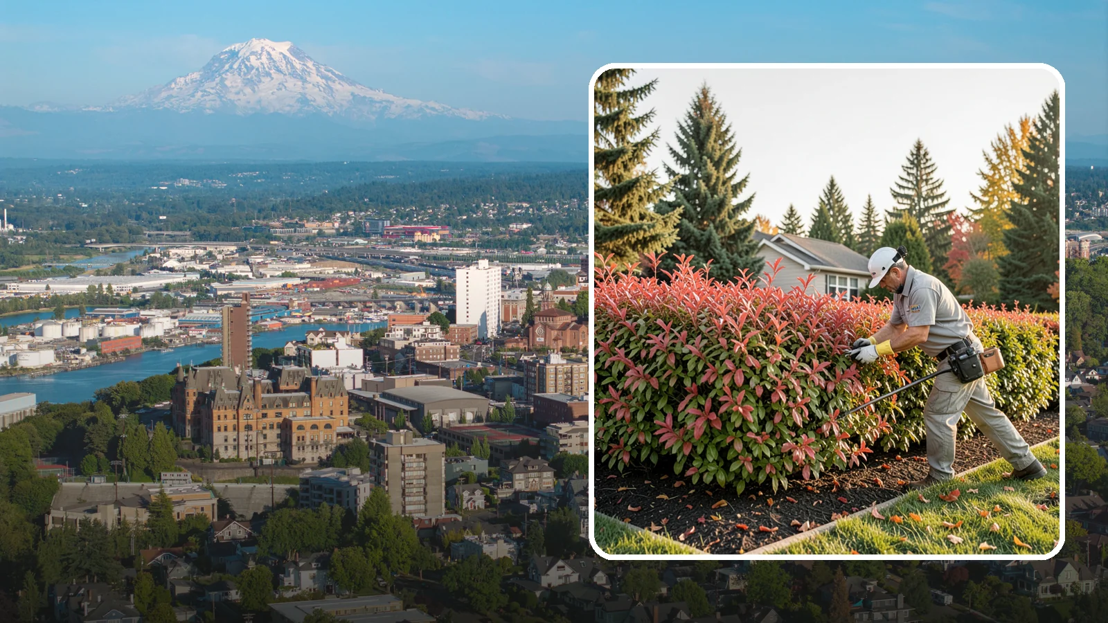 Photinia Trimming in Tacoma, Pierce County, WA - Strategic photinia trimming that triggers the vivid red new growth this hedge is famous for while managing leaf-spot disease.