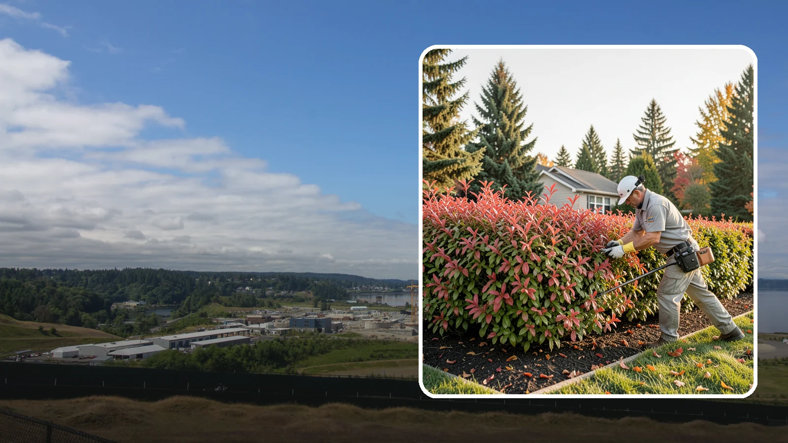 Photinia Trimming in University Place, Pierce County, WA - Strategic photinia trimming that triggers the vivid red new growth this hedge is famous for while managing leaf-spot disease.