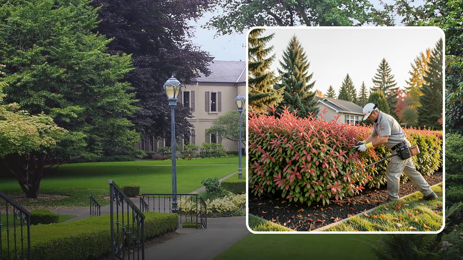 Photinia Trimming in Woodinville, King County, WA - Strategic photinia trimming that triggers the vivid red new growth this hedge is famous for while managing leaf-spot disease.