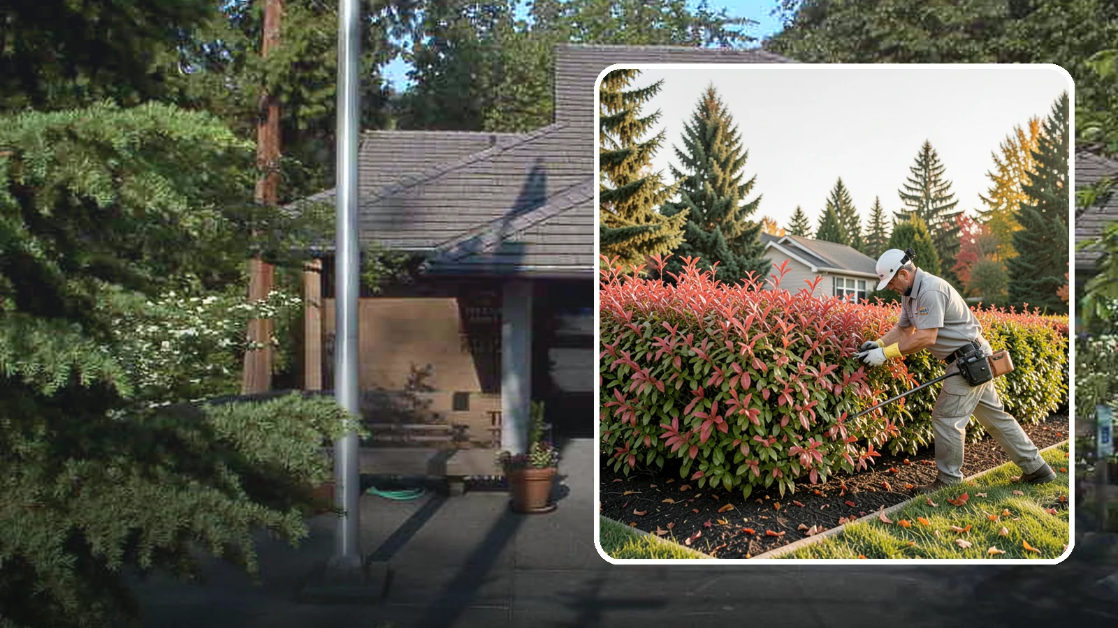 Photinia Trimming in Yarrow Point, King County, WA - Strategic photinia trimming that triggers the vivid red new growth this hedge is famous for while managing leaf-spot disease.