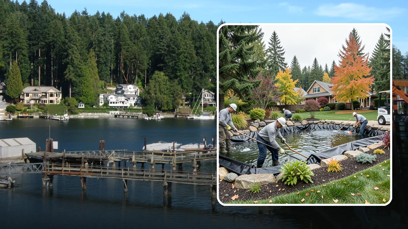 Pond Liner Replacement in Gig Harbor, Pierce County, WA - We remove failed pond liners and install new, properly sized liners for a watertight, long-lasting feature.