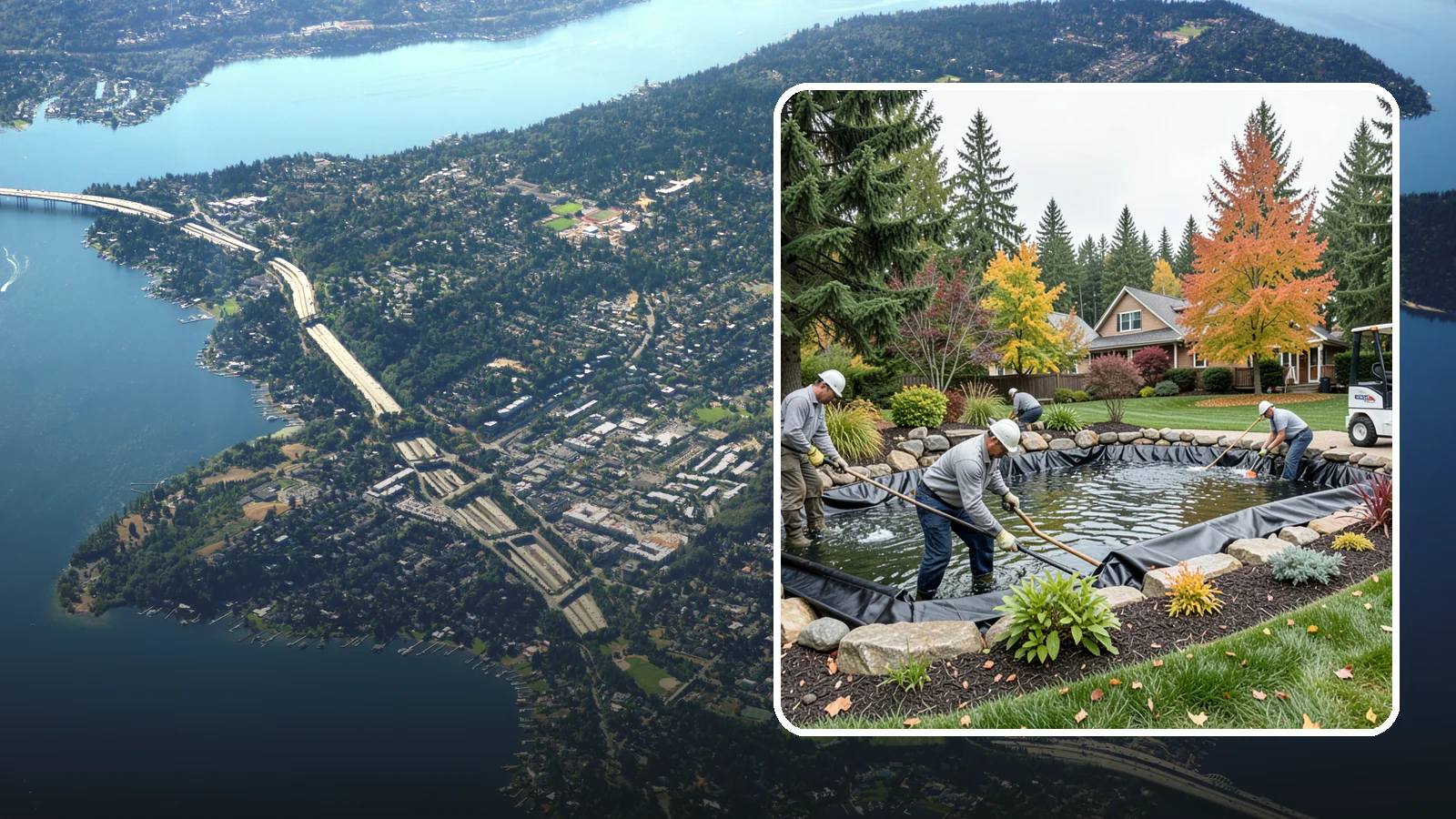 Pond Liner Replacement in Mercer Island, King County, WA - We remove failed pond liners and install new, properly sized liners for a watertight, long-lasting feature.