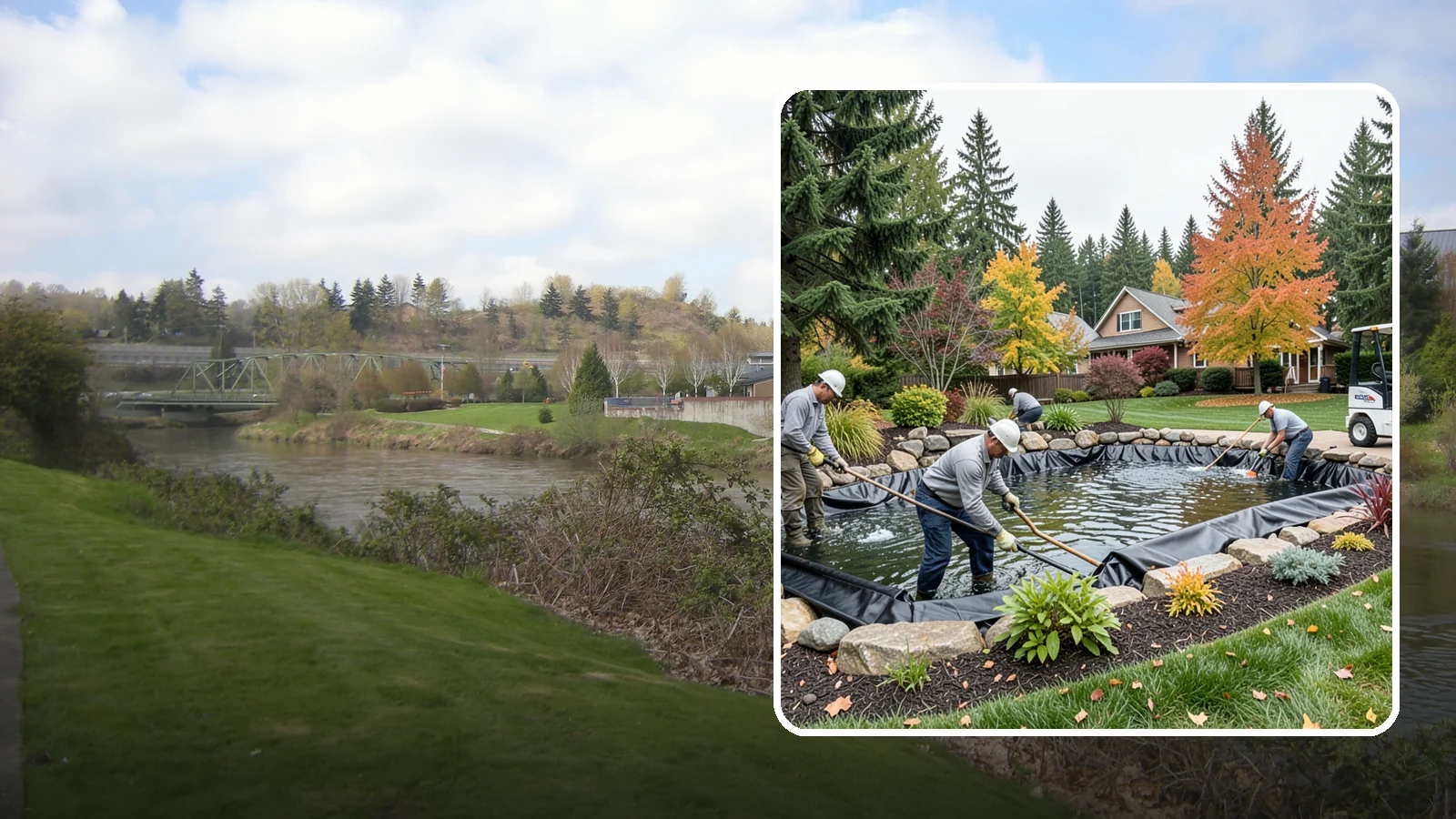 Pond Liner Replacement in Tukwila, King County, WA - We remove failed pond liners and install new, properly sized liners for a watertight, long-lasting feature.