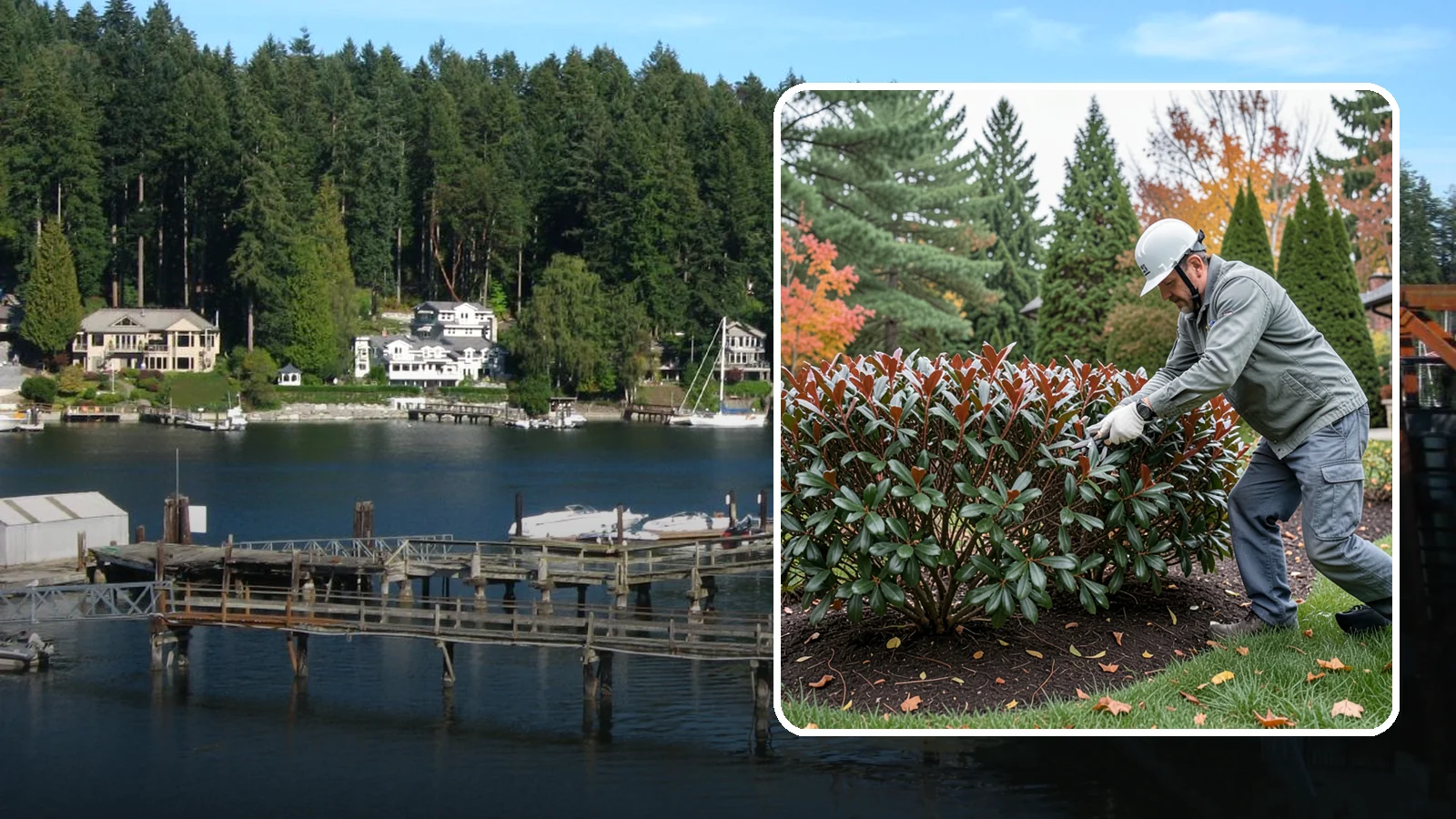Portuguese Laurel Trimming in Gig Harbor, Pierce County, WA - Refined Portuguese laurel trimming that shapes this elegant, slower-growing hedge while showcasing its dark leaves and red stems.