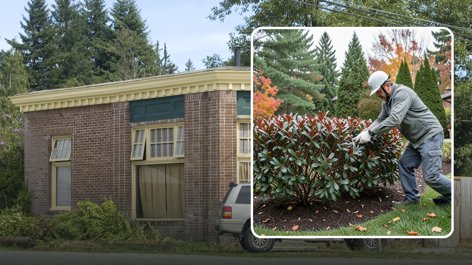 Portuguese Laurel Trimming in Hamilton, Skagit County, WA - Refined Portuguese laurel trimming that shapes this elegant, slower-growing hedge while showcasing its dark leaves and red stems.
