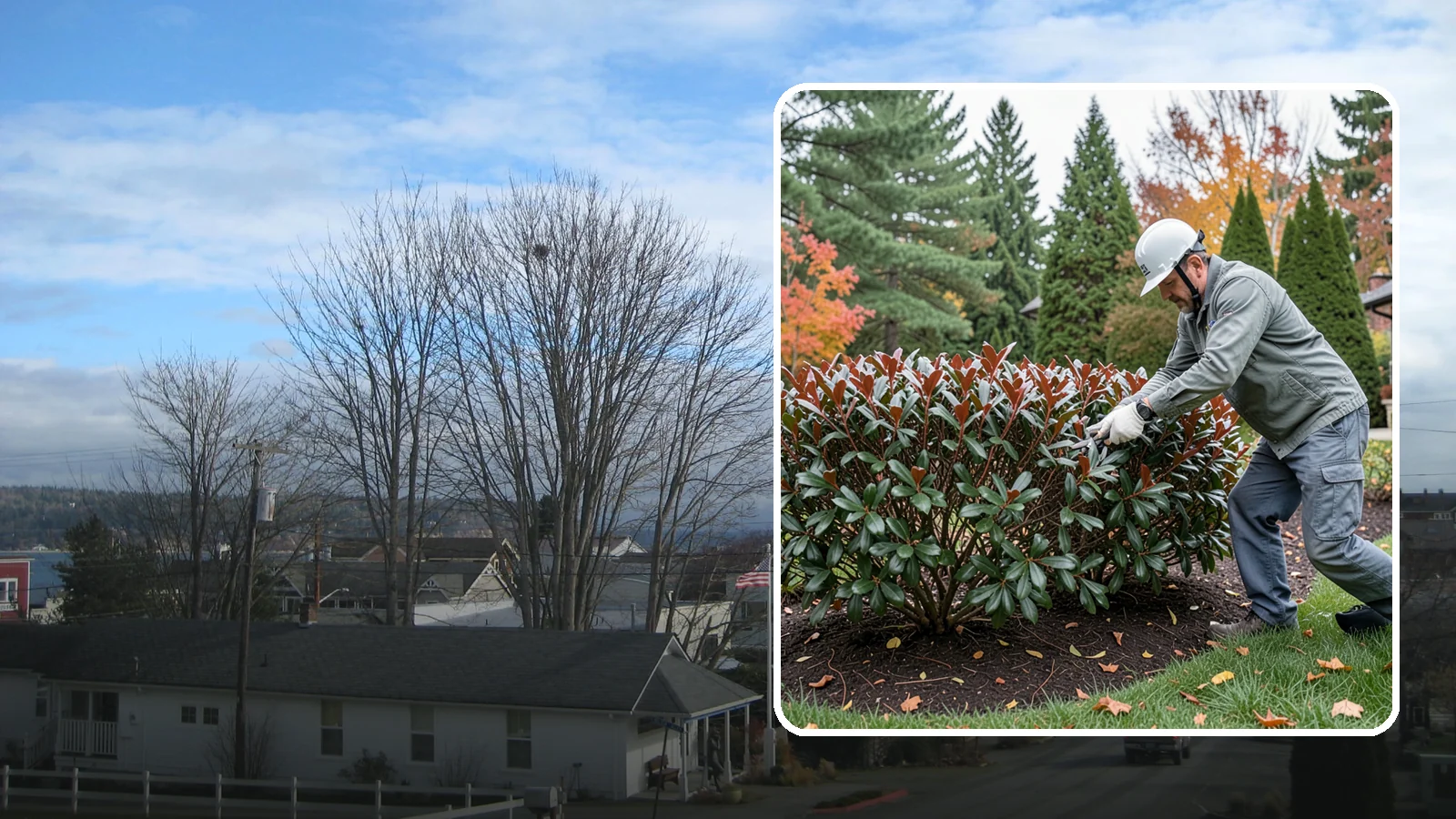 Portuguese Laurel Trimming in Langley, Island County, WA - Refined Portuguese laurel trimming that shapes this elegant, slower-growing hedge while showcasing its dark leaves and red stems.