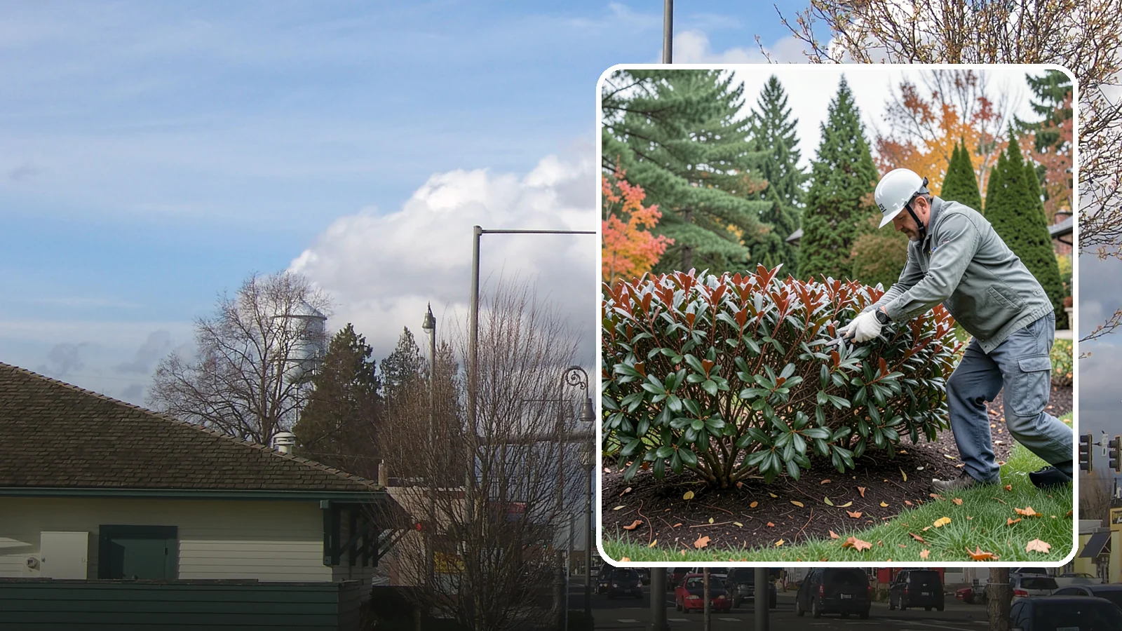 Portuguese Laurel Trimming in Marysville, Snohomish County, WA - Refined Portuguese laurel trimming that shapes this elegant, slower-growing hedge while showcasing its dark leaves and red stems.