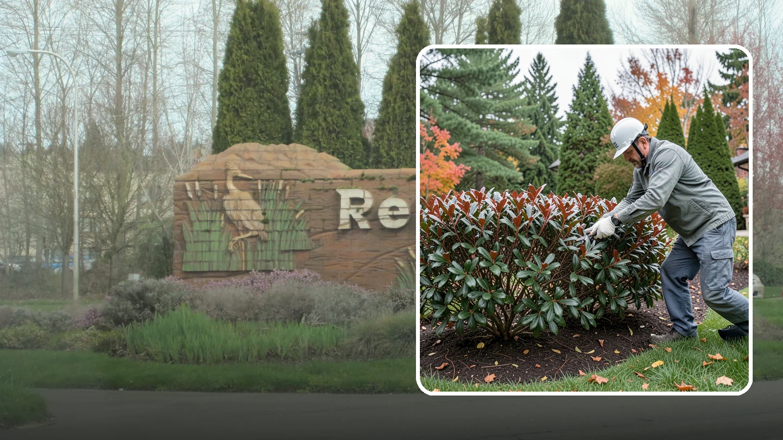 Portuguese Laurel Trimming in Renton, King County, WA - Refined Portuguese laurel trimming that shapes this elegant, slower-growing hedge while showcasing its dark leaves and red stems.