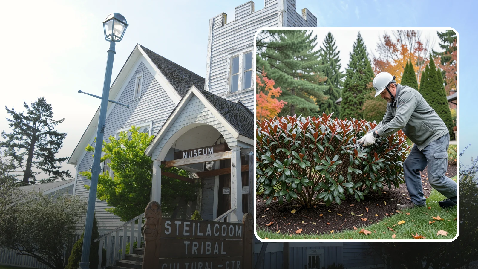 Portuguese Laurel Trimming in Steilacoom, Pierce County, WA - Refined Portuguese laurel trimming that shapes this elegant, slower-growing hedge while showcasing its dark leaves and red stems.