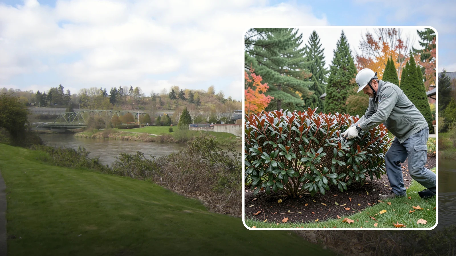 Portuguese Laurel Trimming in Tukwila, King County, WA - Refined Portuguese laurel trimming that shapes this elegant, slower-growing hedge while showcasing its dark leaves and red stems.