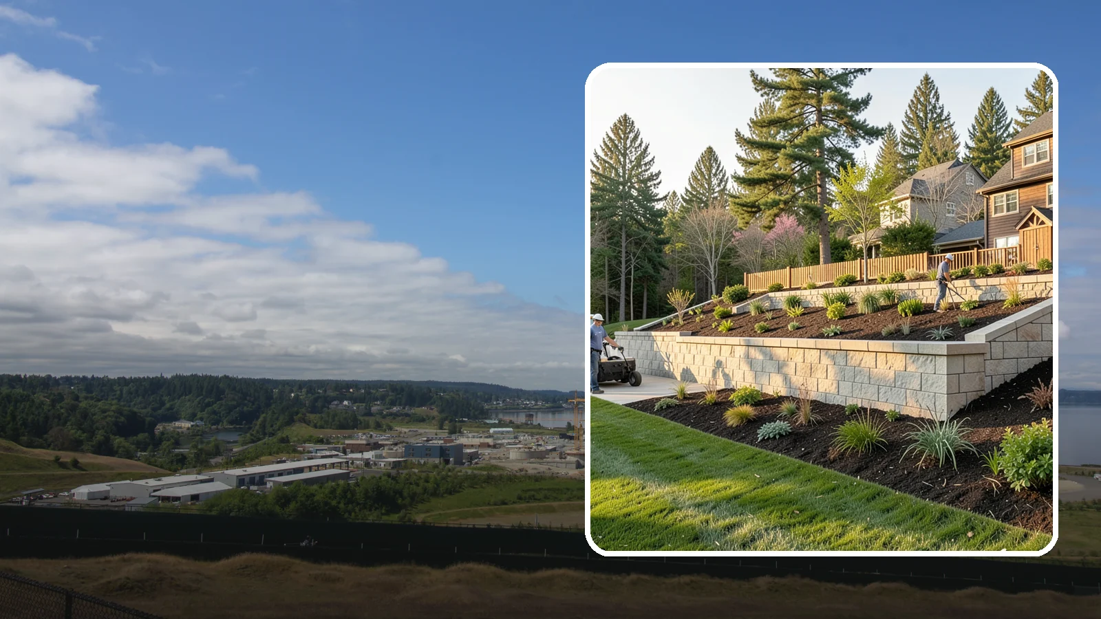 Poured Concrete Retaining Wall in University Place, Pierce County, WA - A monolithic, engineered poured-concrete wall offering maximum strength for tall or high-load slopes across the Pacific Northwest.