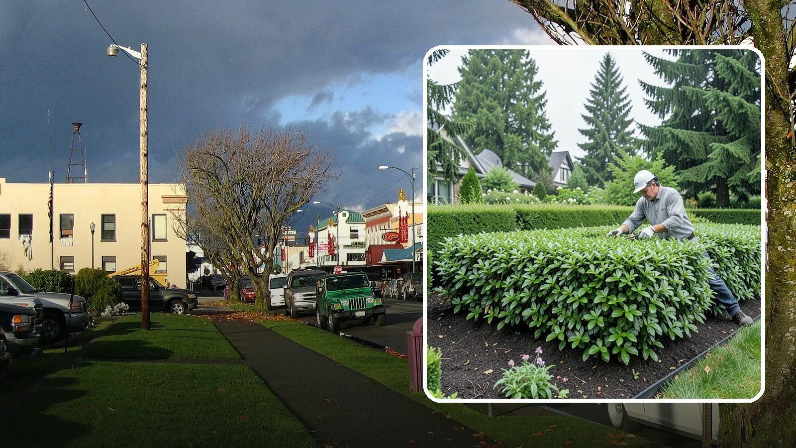 Privet Hedge Trimming in Arlington, Snohomish County, WA - Frequent, formal privet hedge trimming that maintains the crisp, geometric lines this classic fast-growing screen is known for.