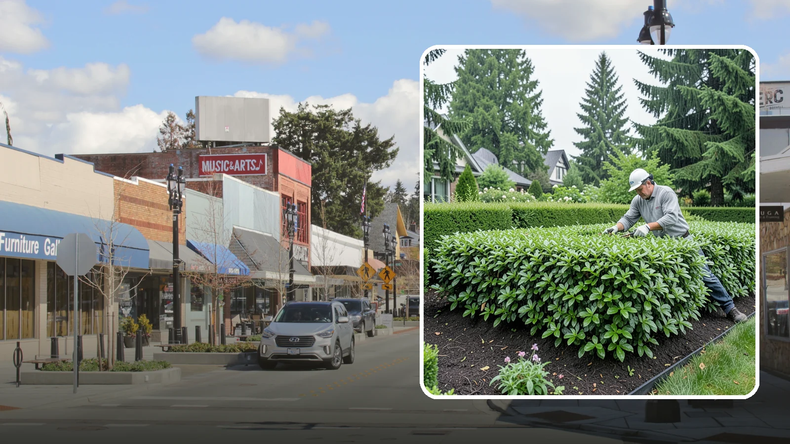 Privet Hedge Trimming in Bothell, King County, WA - Frequent, formal privet hedge trimming that maintains the crisp, geometric lines this classic fast-growing screen is known for.