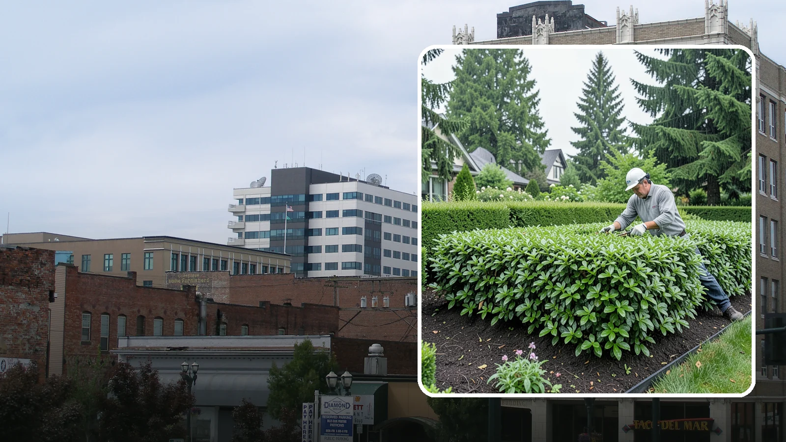Privet Hedge Trimming in Everett, Snohomish County, WA - Frequent, formal privet hedge trimming that maintains the crisp, geometric lines this classic fast-growing screen is known for.