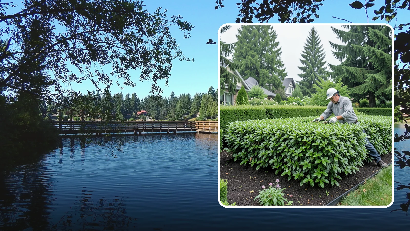 Privet Hedge Trimming in Federal Way, King County, WA - Frequent, formal privet hedge trimming that maintains the crisp, geometric lines this classic fast-growing screen is known for.