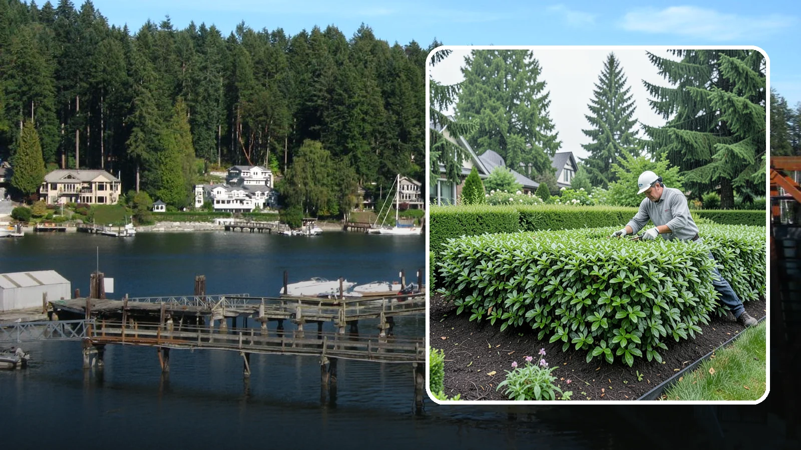 Privet Hedge Trimming in Gig Harbor, Pierce County, WA - Frequent, formal privet hedge trimming that maintains the crisp, geometric lines this classic fast-growing screen is known for.