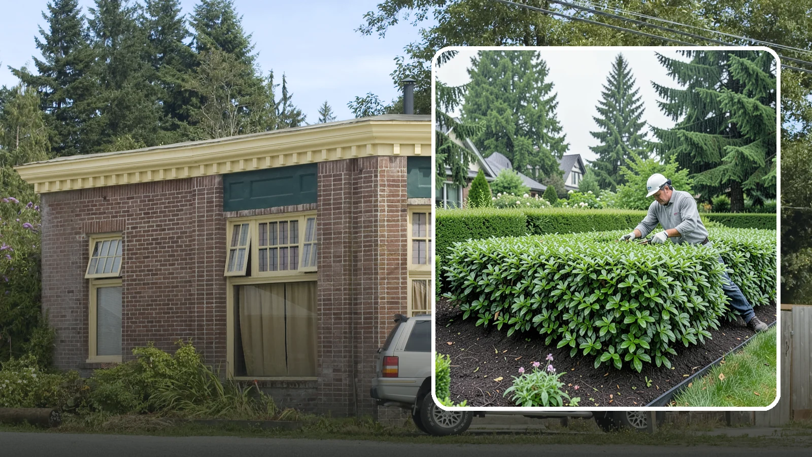 Privet Hedge Trimming in Hamilton, Skagit County, WA - Frequent, formal privet hedge trimming that maintains the crisp, geometric lines this classic fast-growing screen is known for.
