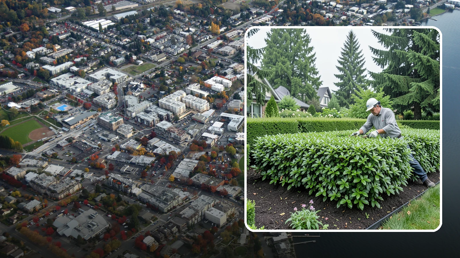 Privet Hedge Trimming in Kirkland, King County, WA - Frequent, formal privet hedge trimming that maintains the crisp, geometric lines this classic fast-growing screen is known for.