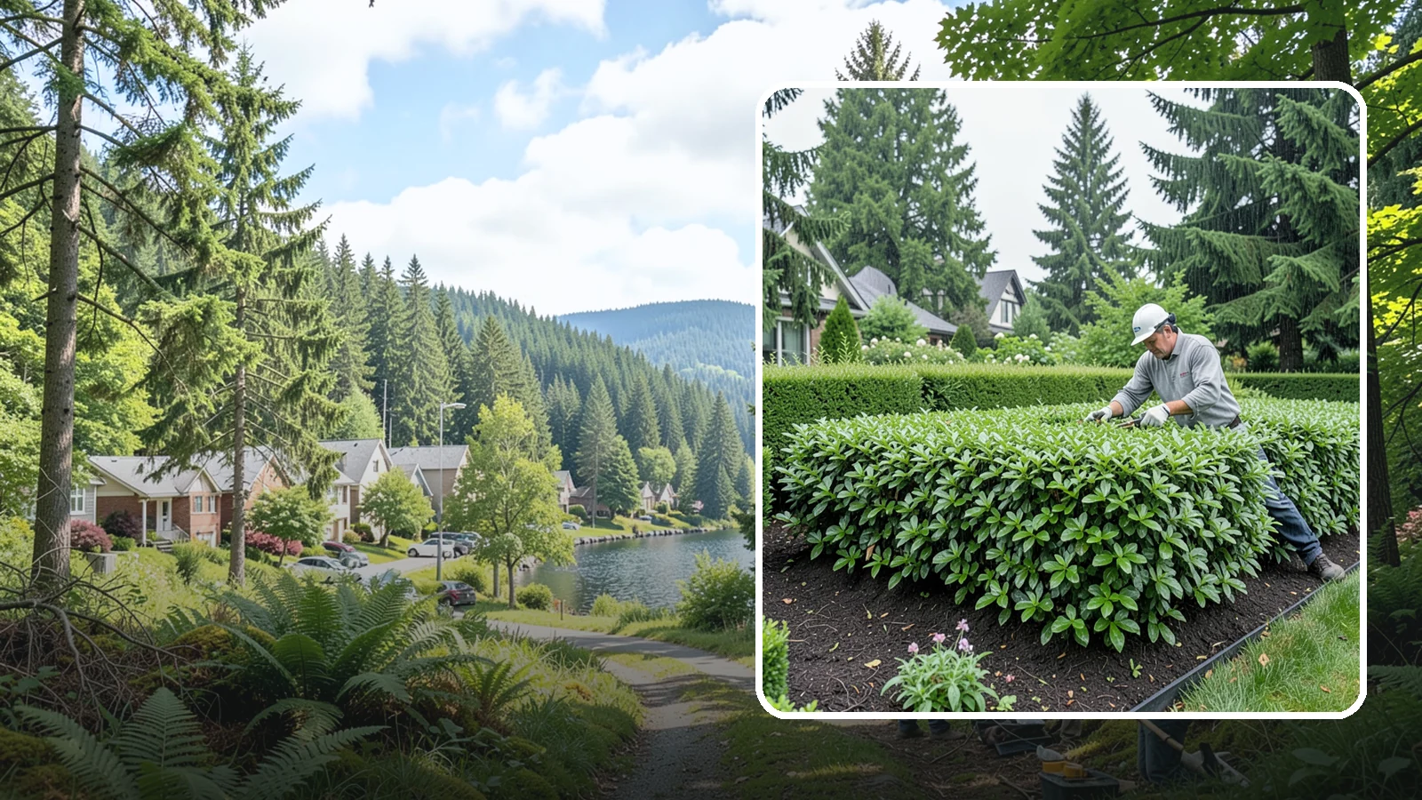 Privet Hedge Trimming in Lake Forest Park, King County, WA - Frequent, formal privet hedge trimming that maintains the crisp, geometric lines this classic fast-growing screen is known for.
