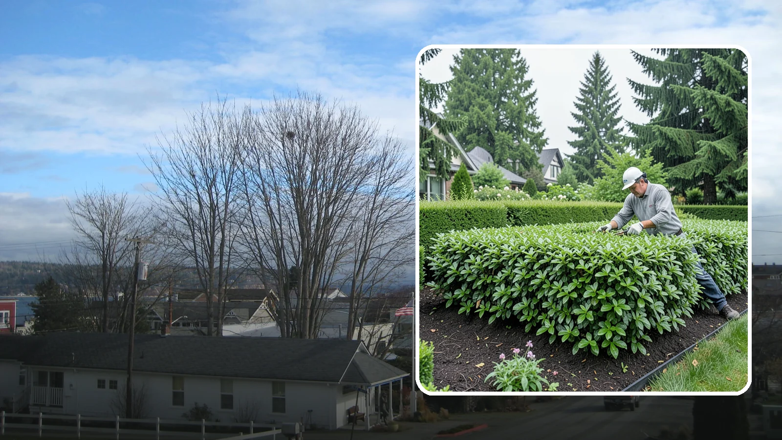 Privet Hedge Trimming in Langley, Island County, WA - Frequent, formal privet hedge trimming that maintains the crisp, geometric lines this classic fast-growing screen is known for.