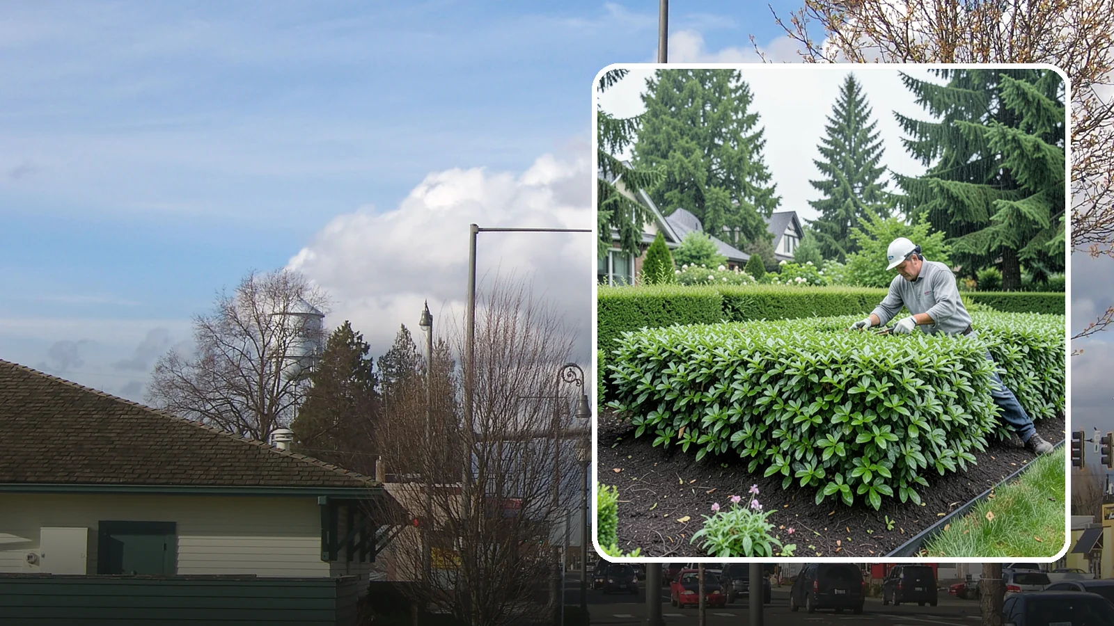 Privet Hedge Trimming in Marysville, Snohomish County, WA - Frequent, formal privet hedge trimming that maintains the crisp, geometric lines this classic fast-growing screen is known for.