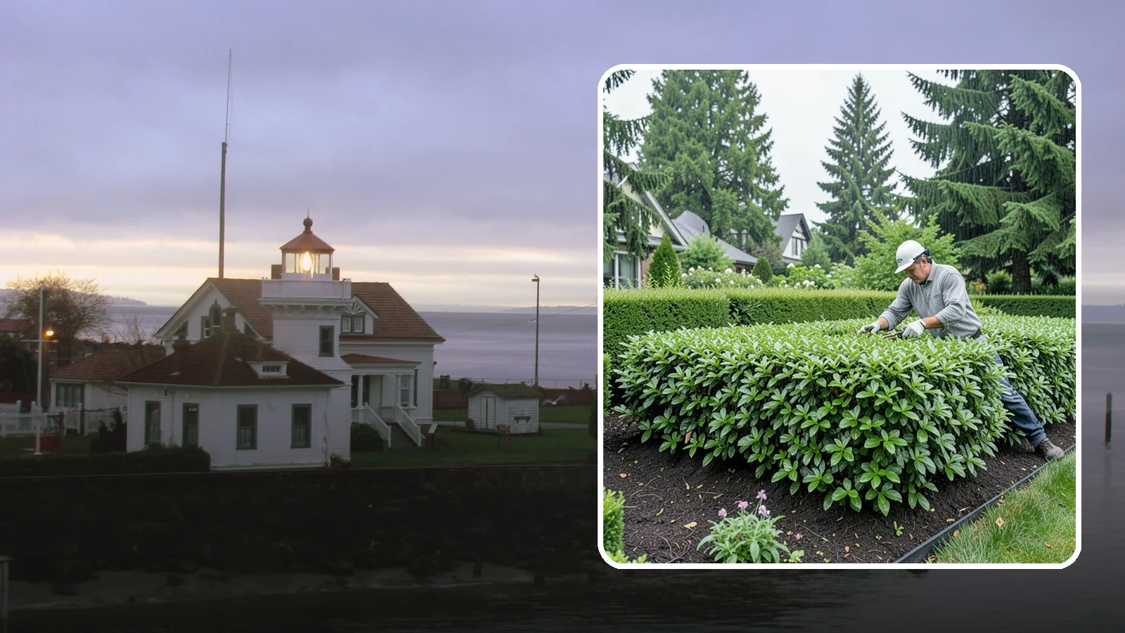 Privet Hedge Trimming in Mukilteo, Snohomish County, WA - Frequent, formal privet hedge trimming that maintains the crisp, geometric lines this classic fast-growing screen is known for.