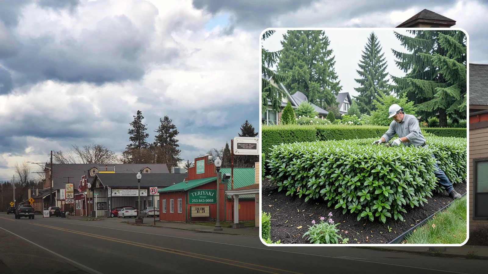 Privet Hedge Trimming in Roy, Pierce County, WA - Frequent, formal privet hedge trimming that maintains the crisp, geometric lines this classic fast-growing screen is known for.