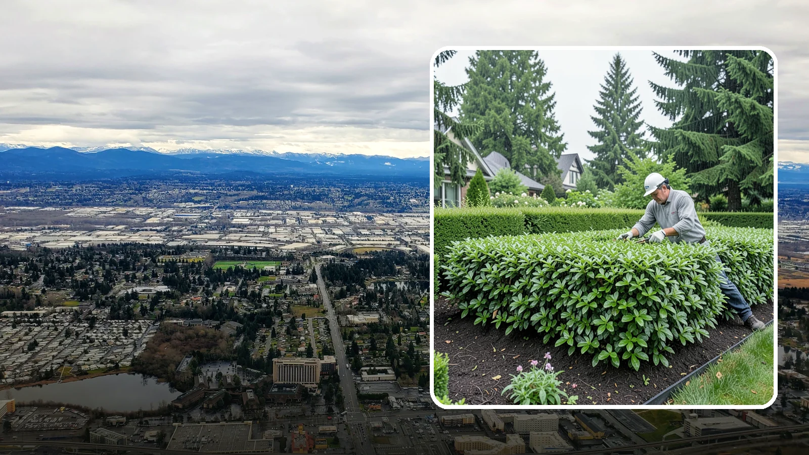 Privet Hedge Trimming in SeaTac, King County, WA - Frequent, formal privet hedge trimming that maintains the crisp, geometric lines this classic fast-growing screen is known for.