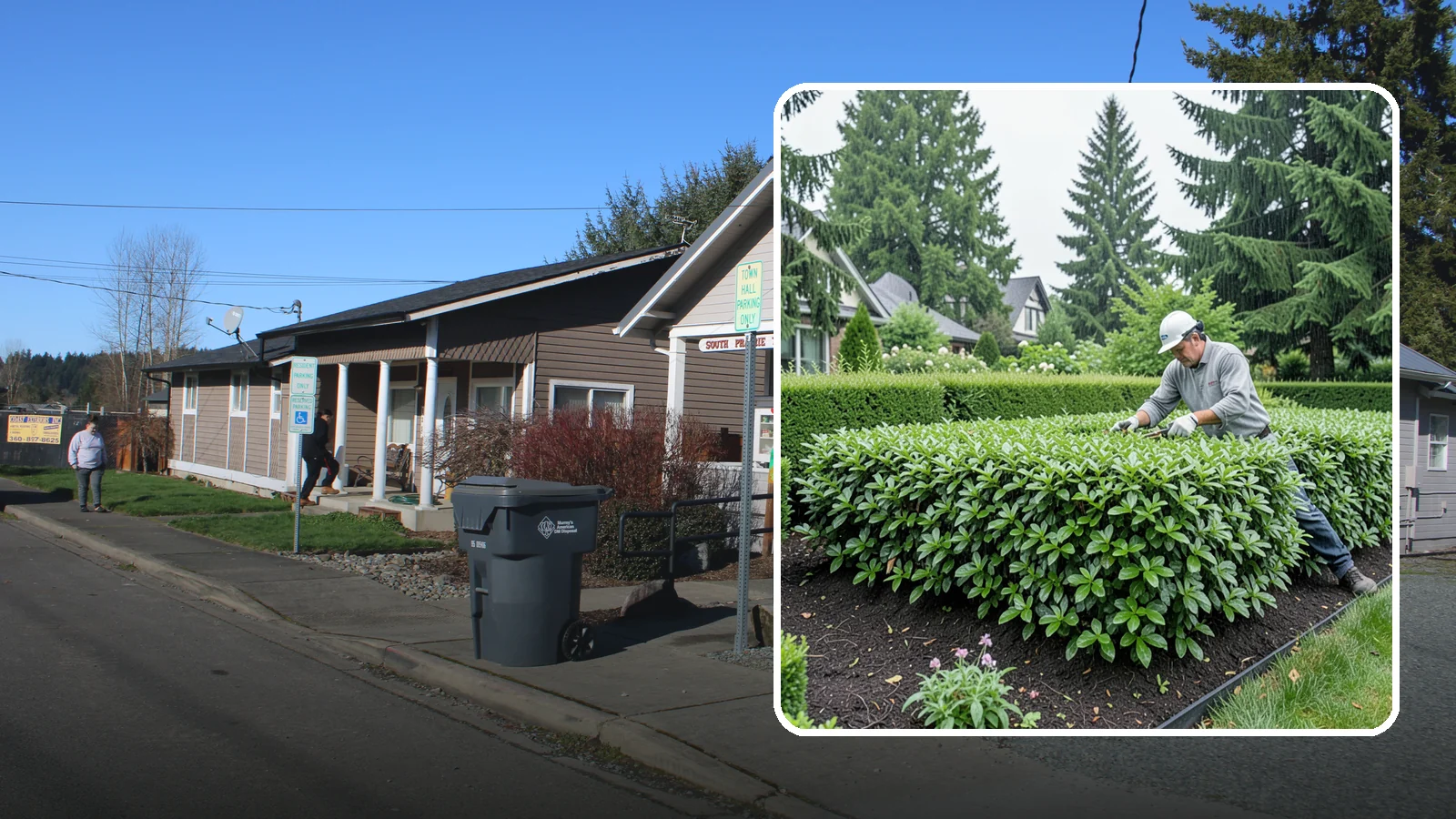 Privet Hedge Trimming in South Prairie, Pierce County, WA - Frequent, formal privet hedge trimming that maintains the crisp, geometric lines this classic fast-growing screen is known for.