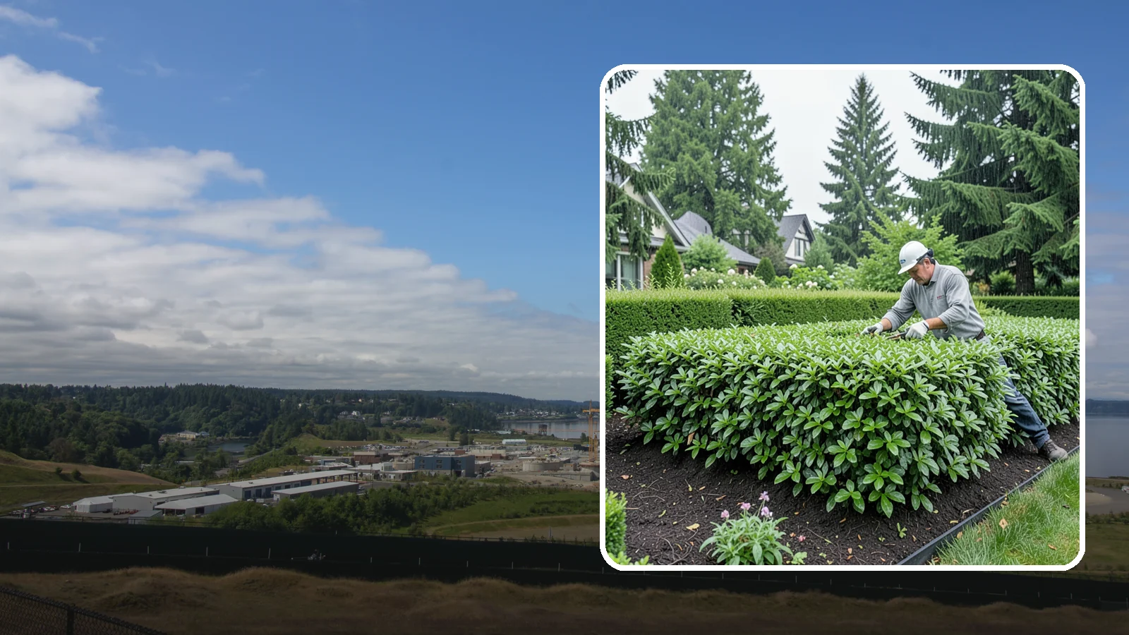 Privet Hedge Trimming in University Place, Pierce County, WA - Frequent, formal privet hedge trimming that maintains the crisp, geometric lines this classic fast-growing screen is known for.