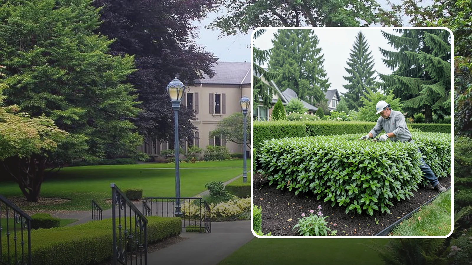 Privet Hedge Trimming in Woodinville, King County, WA - Frequent, formal privet hedge trimming that maintains the crisp, geometric lines this classic fast-growing screen is known for.