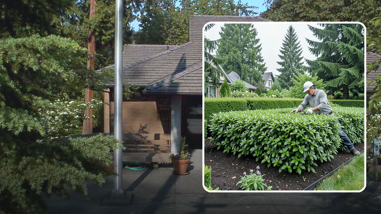Privet Hedge Trimming in Yarrow Point, King County, WA - Frequent, formal privet hedge trimming that maintains the crisp, geometric lines this classic fast-growing screen is known for.
