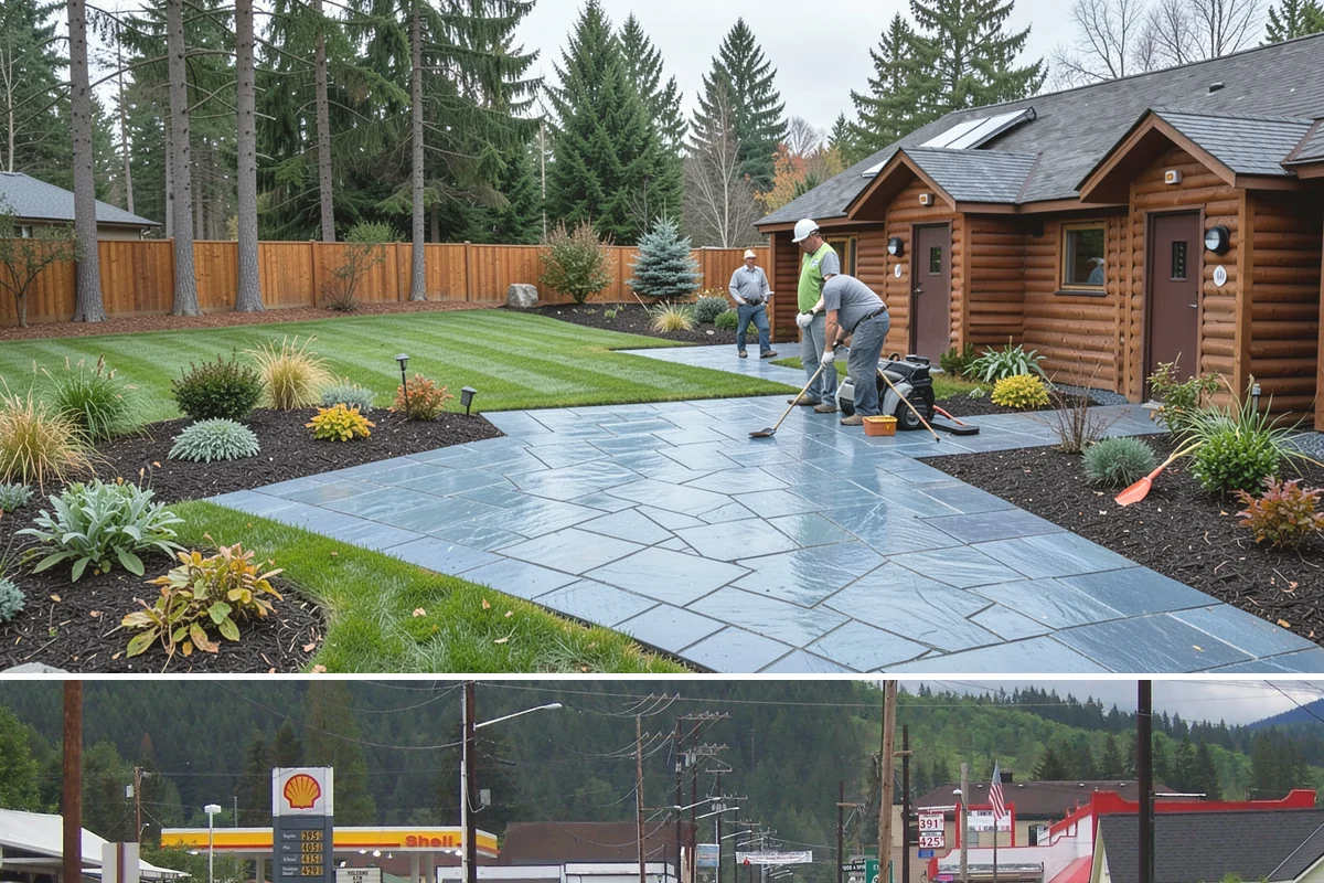 Quartz Rock Installation in Granite Falls, Snohomish County, WA - Quartz can be installed year-round, but a dry day makes it easier to keep the bright stone free of mud during placement.