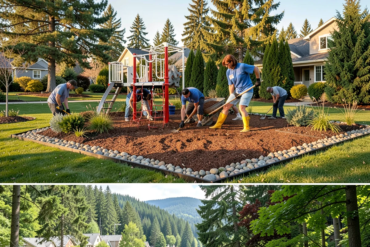 Quartz Rock Installation in Lake Forest Park, King County, WA - Quartz can be installed year-round, but a dry day makes it easier to keep the bright stone free of mud during placement.