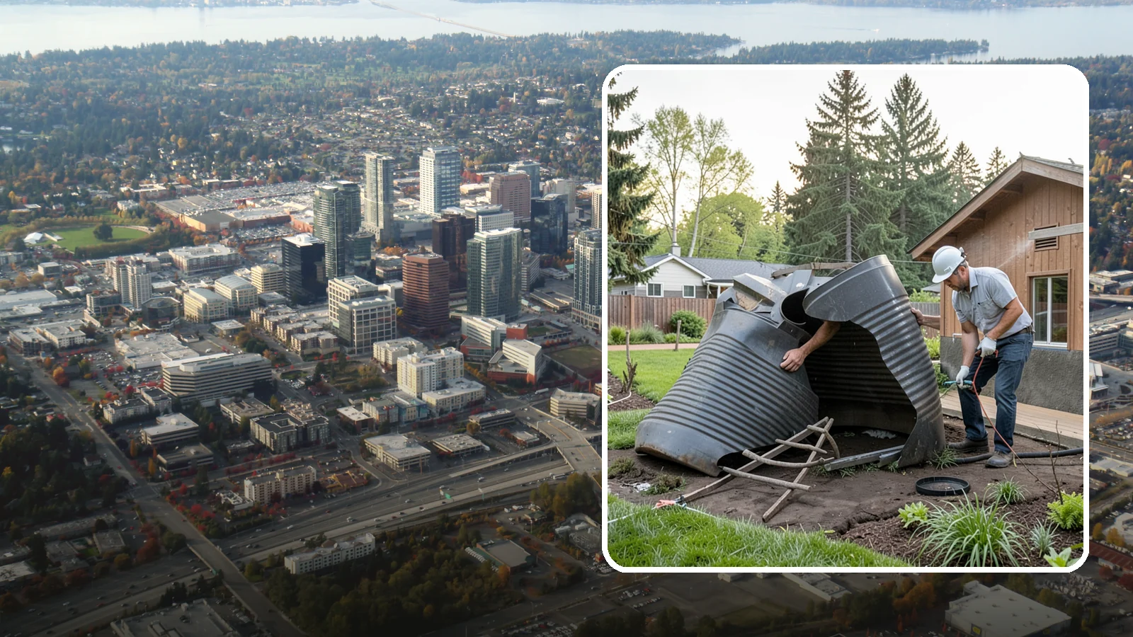 Rain Barrel Installation in Bellevue, King County, WA - Rain barrels and rainwater collection installed to capture roof runoff for reuse in the garden.
