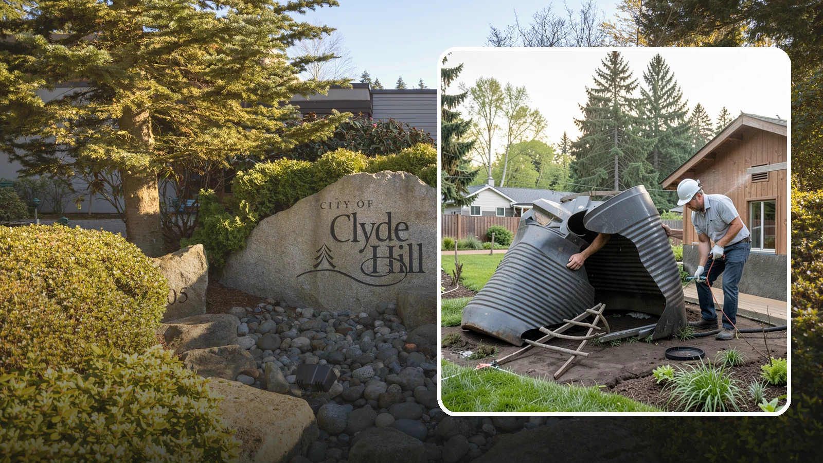 Rain Barrel Installation in Clyde Hill, King County, WA - Rain barrels and rainwater collection installed to capture roof runoff for reuse in the garden.