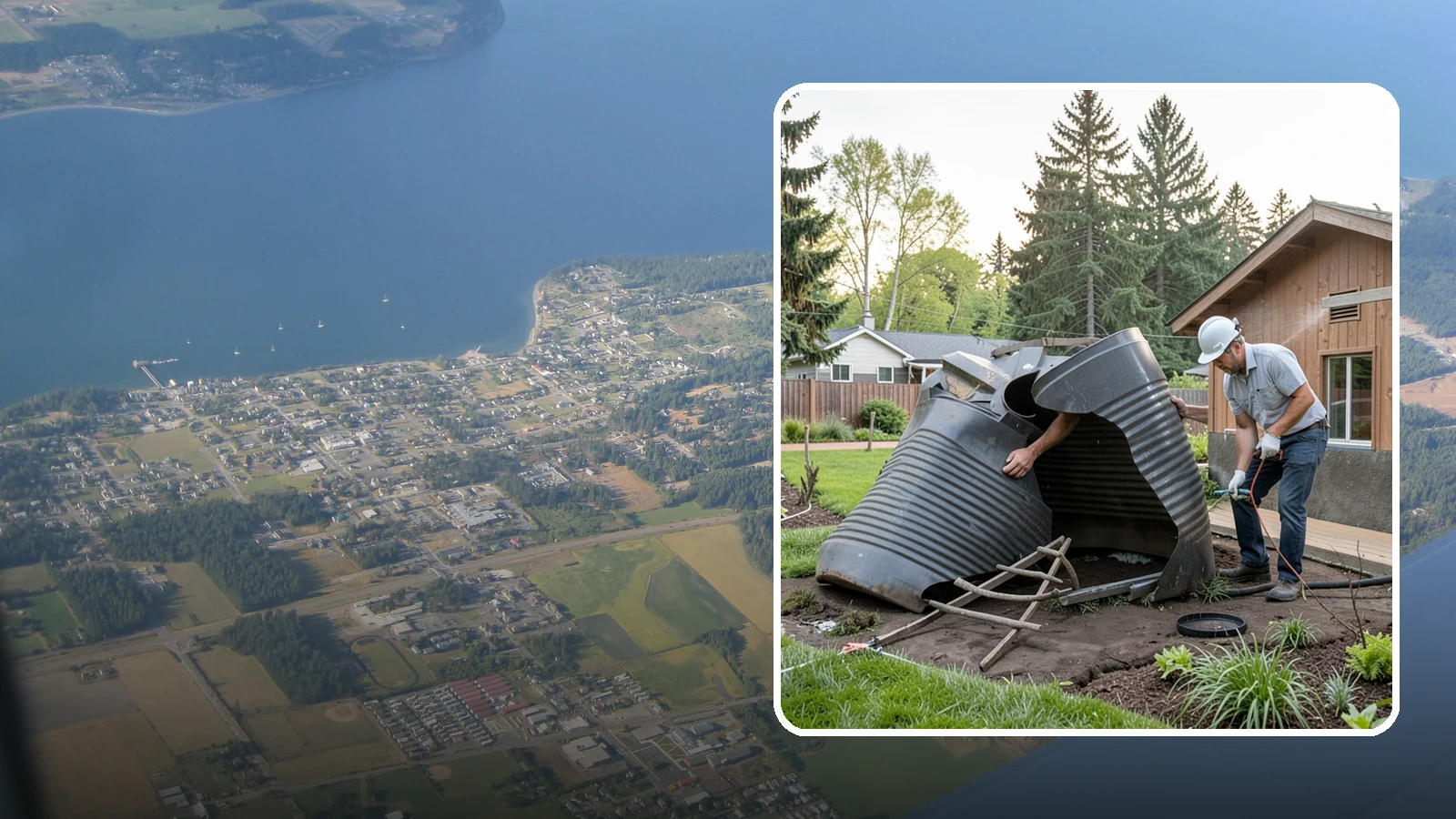 Rain Barrel Installation in Coupeville, Island County, WA - Rain barrels and rainwater collection installed to capture roof runoff for reuse in the garden.