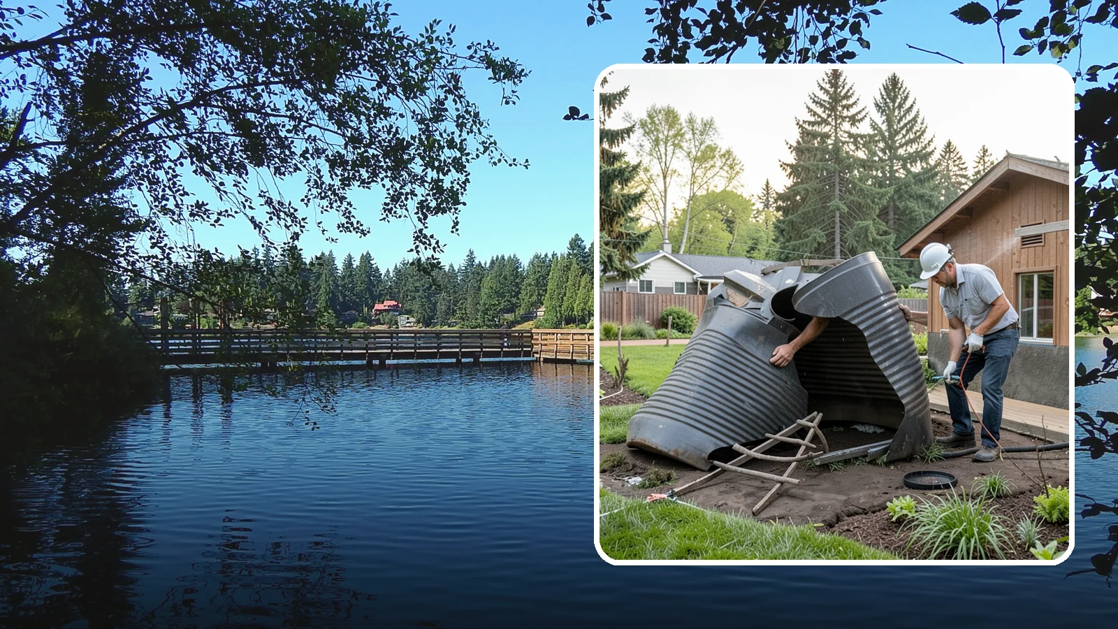 Rain Barrel Installation in Federal Way, King County, WA - Rain barrels and rainwater collection installed to capture roof runoff for reuse in the garden.