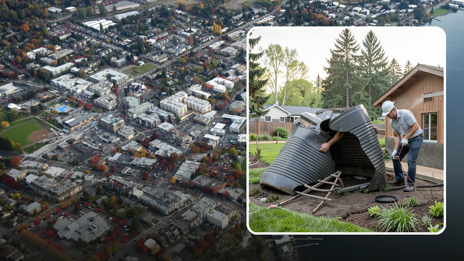 Rain Barrel Installation in Kirkland, King County, WA - Rain barrels and rainwater collection installed to capture roof runoff for reuse in the garden.