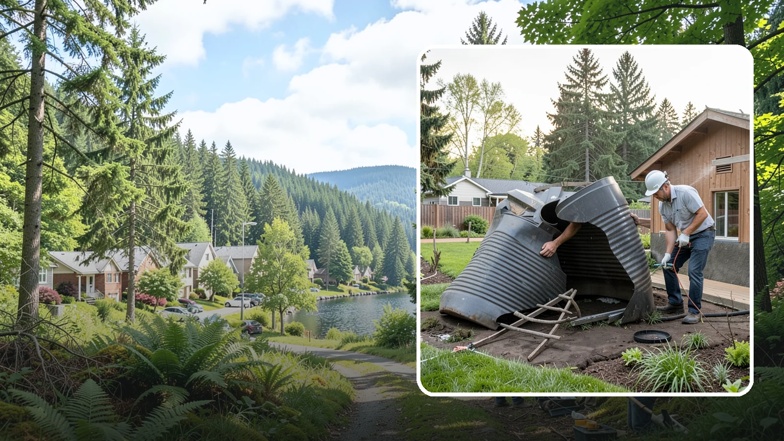 Rain Barrel Installation in Lake Forest Park, King County, WA - Rain barrels and rainwater collection installed to capture roof runoff for reuse in the garden.
