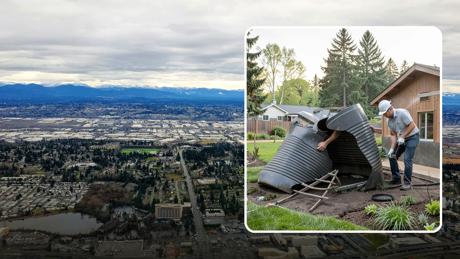 Rain Barrel Installation in SeaTac, King County, WA - Rain barrels and rainwater collection installed to capture roof runoff for reuse in the garden.