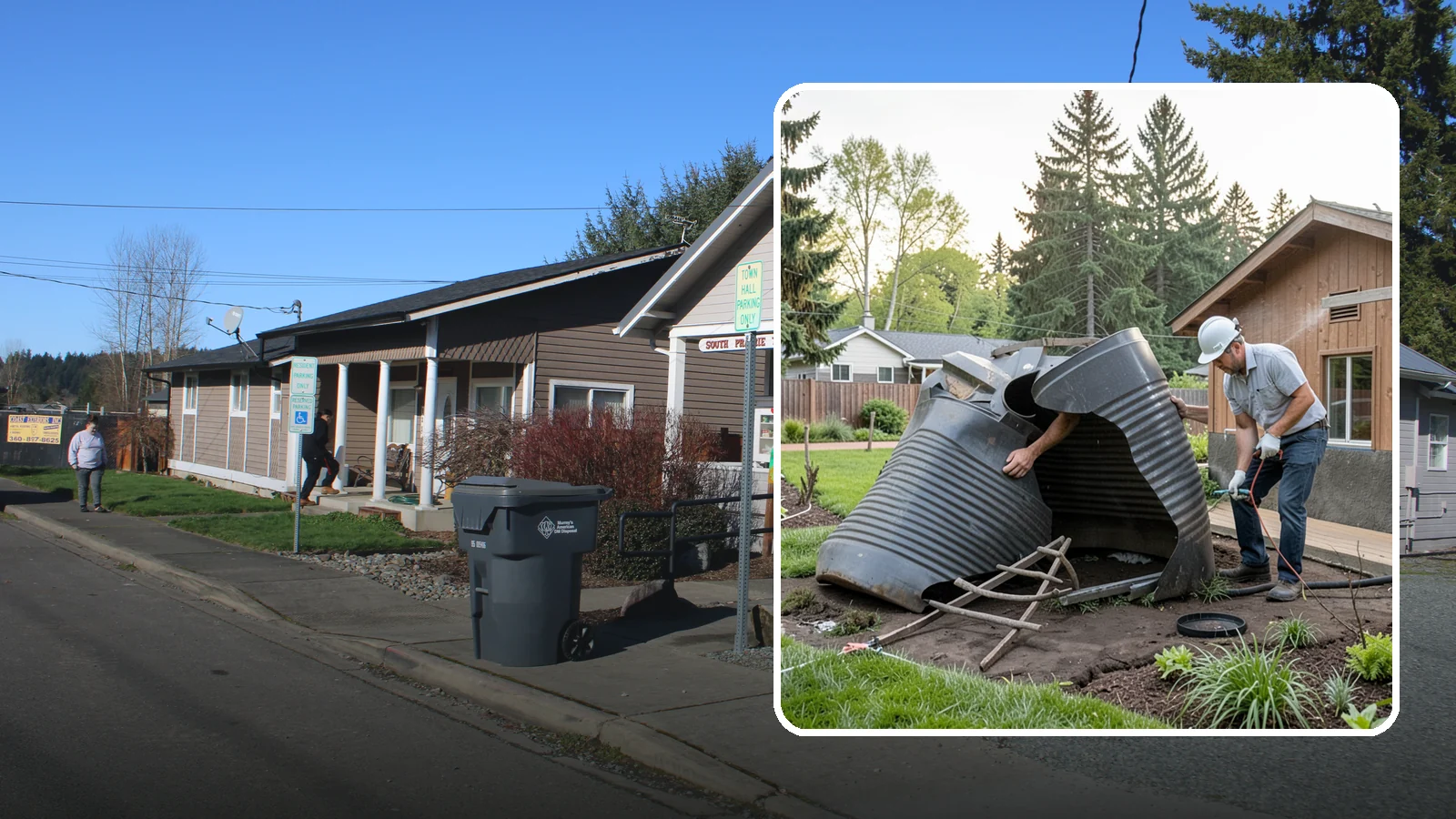 Rain Barrel Installation in South Prairie, Pierce County, WA - Rain barrels and rainwater collection installed to capture roof runoff for reuse in the garden.