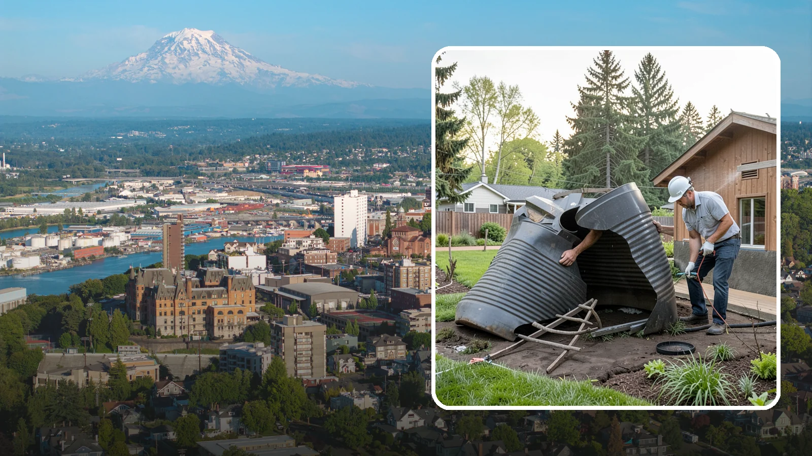 Rain Barrel Installation in Tacoma, Pierce County, WA - Rain barrels and rainwater collection installed to capture roof runoff for reuse in the garden.