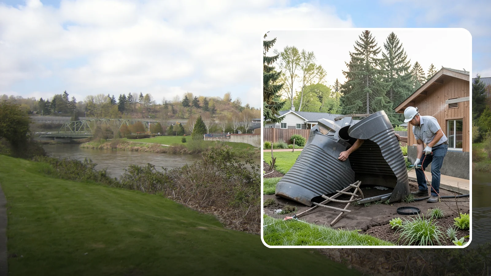 Rain Barrel Installation in Tukwila, King County, WA - Rain barrels and rainwater collection installed to capture roof runoff for reuse in the garden.