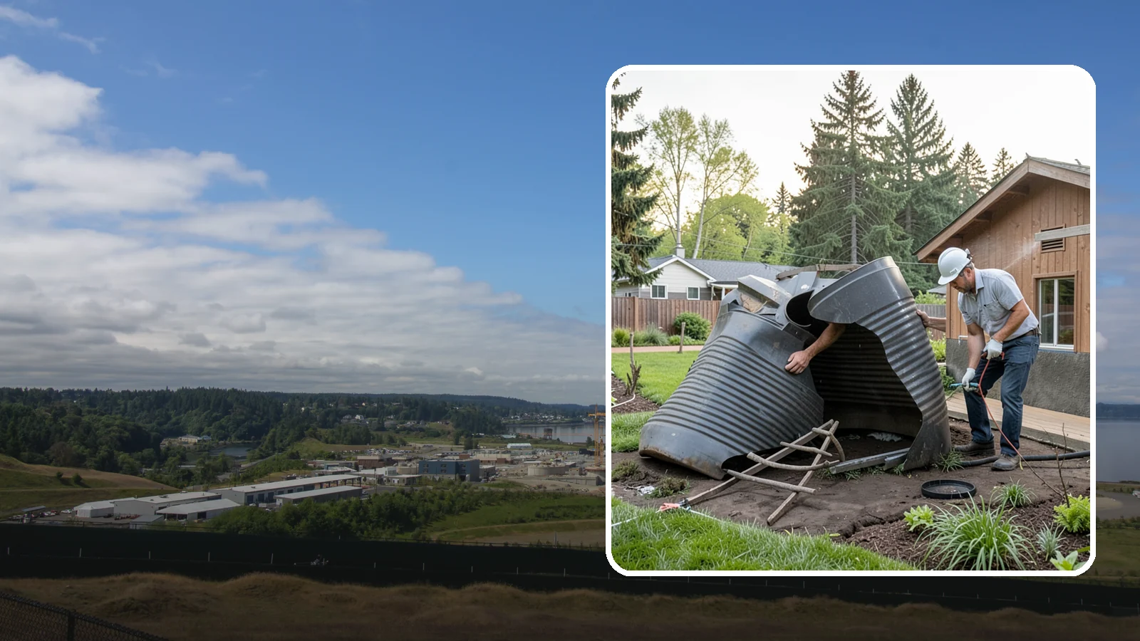 Rain Barrel Installation in University Place, Pierce County, WA - Rain barrels and rainwater collection installed to capture roof runoff for reuse in the garden.