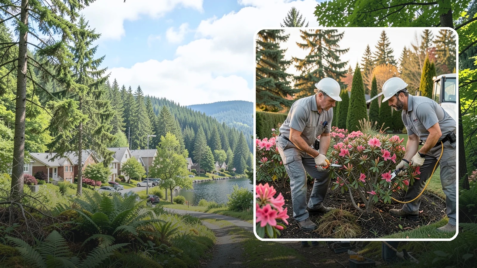 Rhododendron Pruning in Lake Forest Park, King County, WA - Careful shaping and deadheading of rhododendrons to protect next year's blooms while controlling size in Puget Sound gardens.