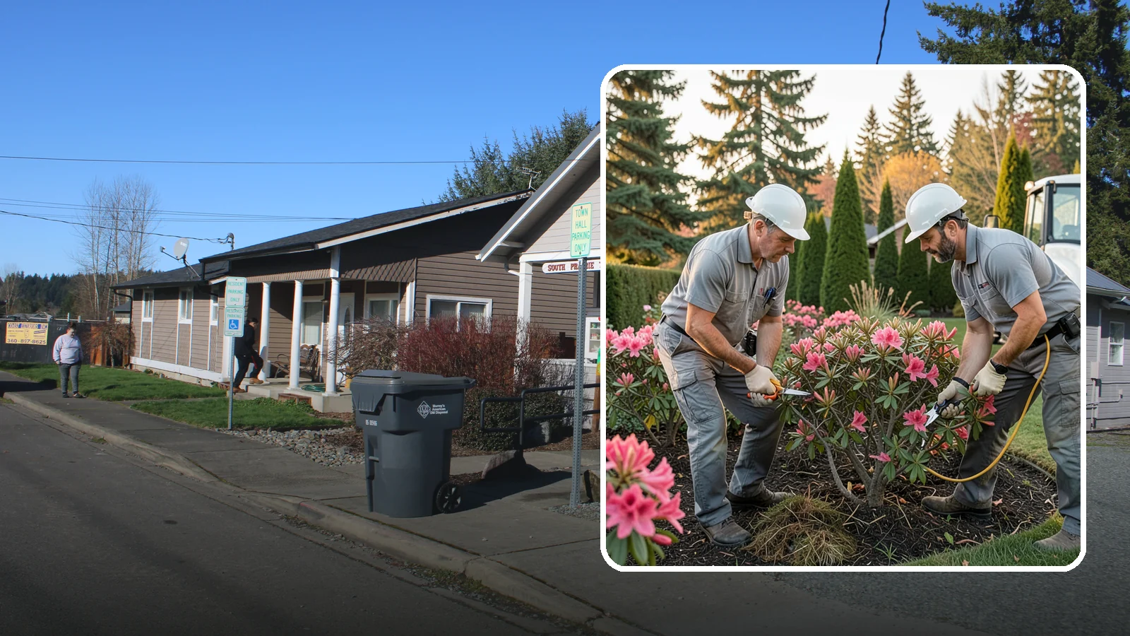 Rhododendron Pruning in South Prairie, Pierce County, WA - Careful shaping and deadheading of rhododendrons to protect next year's blooms while controlling size in Puget Sound gardens.