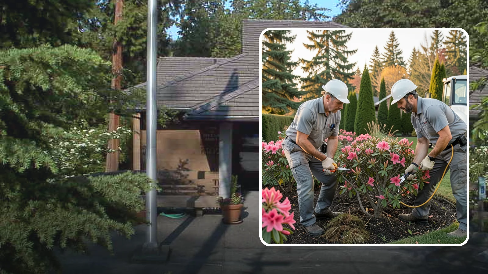 Rhododendron Pruning in Yarrow Point, King County, WA - Careful shaping and deadheading of rhododendrons to protect next year's blooms while controlling size in Puget Sound gardens.