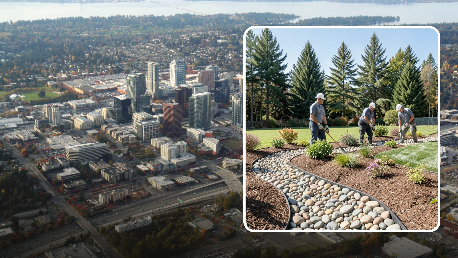 River Rock Installation in Bellevue, King County, WA - Smooth river rock installed for decorative beds, dry creek beds, and natural-looking drainage accents.